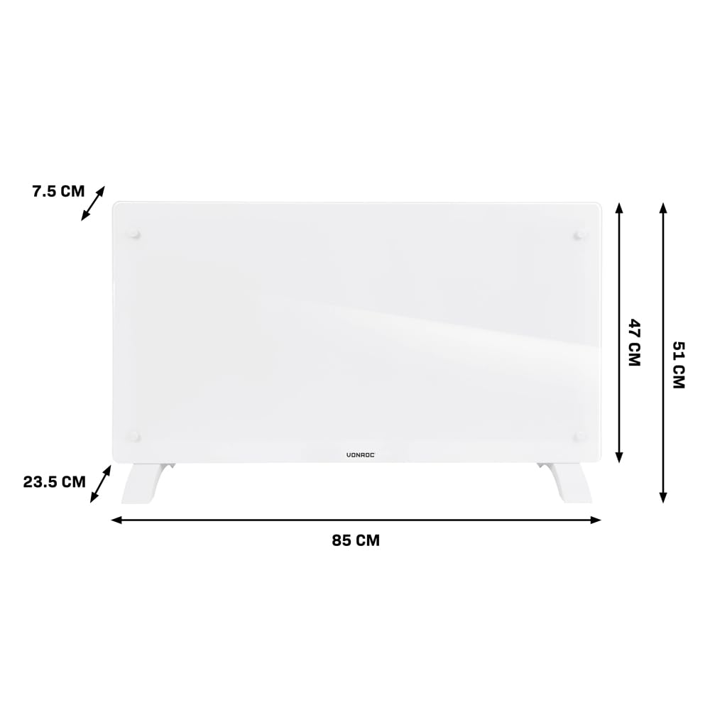 VONROC Convector eléctrico Smart 2500 W – Panel de cristal con pantalla LED – Control WiFi mediante App Tuya Smart Life – Termostato 5-50 °C – Temporizador – IP24 – Pared o suelo blanco