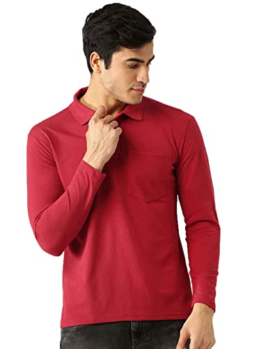 Image of CHKOKKO Cotton Polo Neck Full Sleeves Plain T Shirt for Men with Pocket Red L