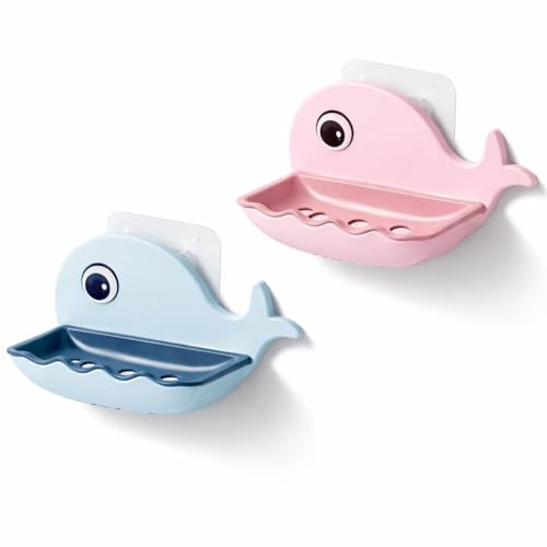 Image of Wall Mounted Soap Box with Flip Cover and Drain Tray | Detachable Inner Support | Adhesive Sticker Installation | ABS Soap Holder for Bathroom (2 pcs Fish Design Soap Holder)