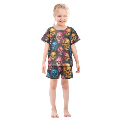ALAZA Watercolor Sugar Skull Skeleton Pajamas Set Short Sleeve Cotton Sleepwear Summer Pjs 2 Piece 5-14Y3