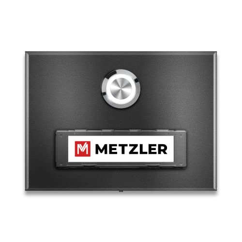 Metzler Sonnette de porte, montage en saillie, en mica de fer, en acier inoxydable, avec plaque nominative interchangeable, revêtue par pulvérisation en mica de fer DB 703, plaque nominative et bouton