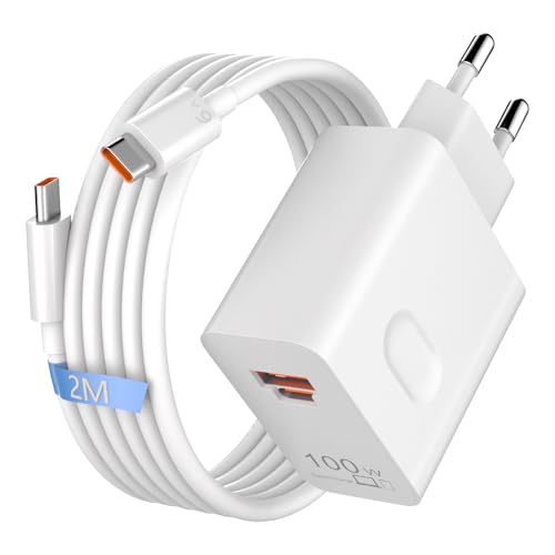 100W per Super-Charge Caricabatterie per HONOR 200 Pro 200 Lite Magic6 Magic8 7 6 5 4 Lite Magic7 Pro, 2-Porte Presa 100W PD Caricatore Rapido con 6A Cavo USB C 2M per HONOR 90 70 Lite X8a X8b X6b X9b