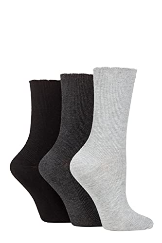 Image of ELLE Ladies Ribbed Bamboo Socks with Scallop Top Pack of 3 Black/Charc/Silver Grey 4-8