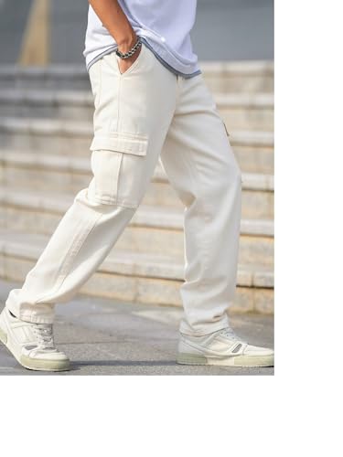Image of QNIM Cargo for Men | Loose Fit White Denim Jeans | Stylish Cotton Multi-Pocket Casual Styling Pant | Trendy Straight Leg Comfortable Utility Streetwear Trousers (Q-04-05)