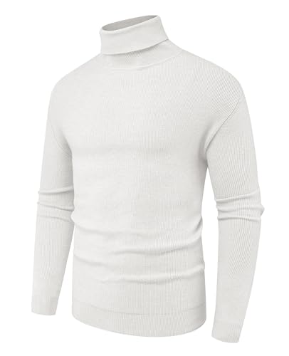 Hisir Męski sweter golf topy zimowy ciepły wełniany sweter z dzianiny sweter z długim rękawem jednolity kolor podstawowy golf miękkie swetry, 03 Biały, XL