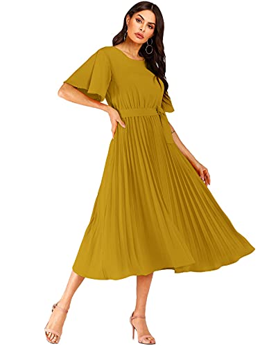 Milumia Women's Elegant Belted Pleated Flounce Sleeve Long Dress Dark Yellow XX-Large