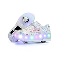 HUSKSWARE Kids Shoes with Wheels – LED Light-Up Roller Sneakers Boys Girls, 2-Wheel Retractable Skating Trainers, USB Rechargeable Outdoor Sports Shoes EU 27-40 White Black Pink