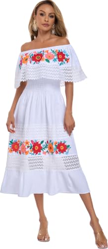 Image of YZXDORWJ Women Embroidered Mexican Peasant Casual Sexy Lace Off-Shoulder Long Dress