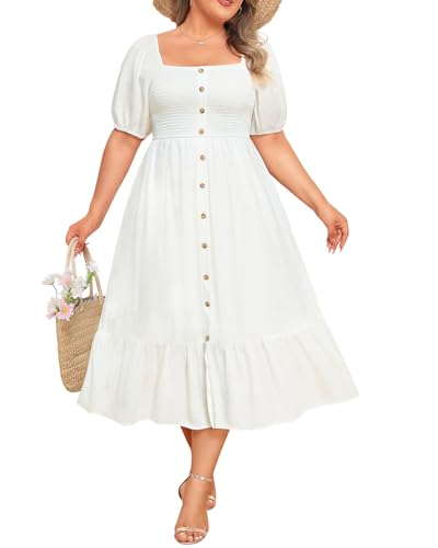 Image of Plus Size Summer Dresses - Boho Casual Wedding Guest Midi Flowy Short Sleeves Smocked Button Down Dress for Curvy Women