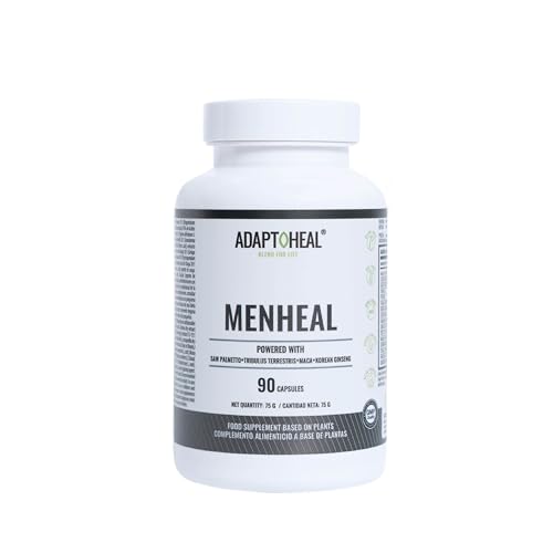 Adaptoheal Menheal | Suplemento de adaptógenos para el equilibrio de la salud masculina | Saw Palmetto, Tríbulus Terrestris, Maca, Ginseng Coreano | Vegano, Sin Gluten ni Lácteos | 90 Cápsula