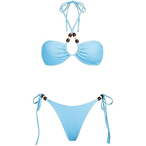 VOLAFA Women's Triangle Bikini Sets Halter Textured Beaded Solid Tie Cheeky Swimsuit Two Piece Bathing Suit (Small, Light Blue) Cover