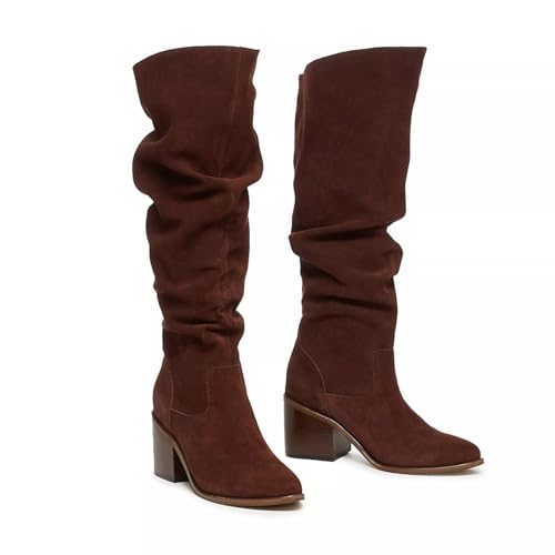 Knee High Boots Women Pointed Toe Chunky Block Heels Kitten Heel Tall Boots Comfortable Pull On Slouch Suede Long Boots2