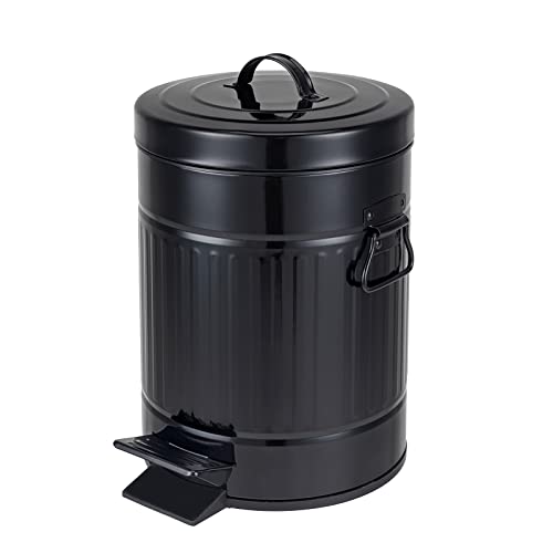 Image of Bathroom Trash Can with Lid, Small Waste Basket for Home Bedroom, Retro Step Garbage Can with Soft Close, Vintage Office Trash Can, 5 Liter / 1.3 Gallon, Glossy Black