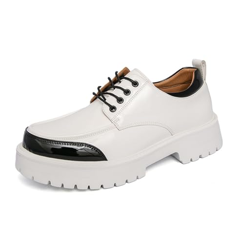 Mens Patent Leather Lug Sole Platform Oxfords Classic Splicing Color Round Toe Chunky Heel Casual Derby Shoes for Office Work Business Daily Dress Shoes