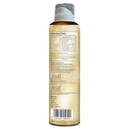 Image of Pure Nutrition Organic Extra Virgin Coconut Oil Spray - 200ml | 100% Pure, Edible & Cold Pressed | Ideal for Cooking, Baking & Salad Dressing | Non-GMO, Zero Cholesterol | Easy-to-Use Spray for Skin & Hair Care