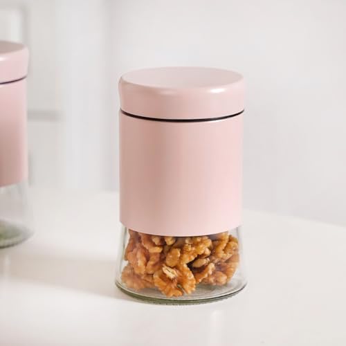 Image of Nestasia Metal Jacketed Glass Jars Set of 4 (800 ml) | Airtight See - Through Glass Containers with Lids for Kitchen Storage - Ideal for Storing Snacks, Dry Fruits, Pickles or Pulses (Pastel Pink)