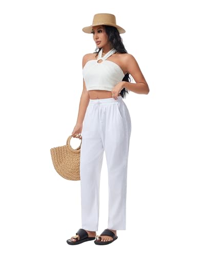 Women Linen Pants Drawstring Elastic Lightweight Capri Pants with Lace Side Summer Beach Casual Pants for Women4