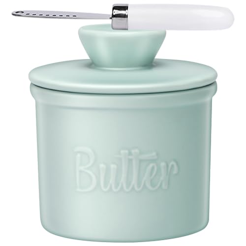 JSHKY Butter Crock, French Butter Keeper with Water Line for Counter, The Original Porcelain Butter Dish with Knife. Gift for Thanksgiving, Christmas and Mother’s Day,. (Color: Lt-Blue)