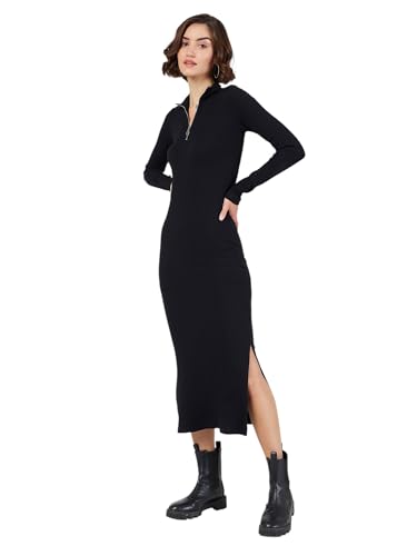 Image of Sassafras Women Bottle Rib High Neck Front Zipper Bodycon Midi Dress