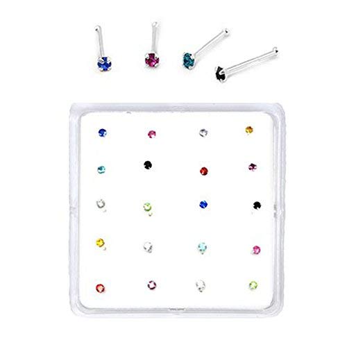 Crazy2Shop Sterling Silver Set of 20 Multi-Color Simulated Diamond Nose Stud Box 1.5 mm with End Ball (Colors May Vary)