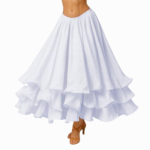 TopTie Belly Dance Maxi Skirt Chiffon Tribal Full Circle Swing Skirt-White-L