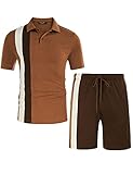 PJ PAUL JONES Mens Short Sets Outfits 2 Piece Contrast Stripes Matching Polo Shirt and Shorts Set Brown Coffee L