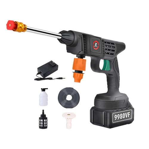 Cuticate 【2024新開発】高圧洗浄機 コードレス 充電式 調節可能な水流 噴射距離5-9M 家庭用洗車機 洗車 駐車場 庭 外壁 階段 苔 黄砂 ベランダ 窓 網戸 ガラス 玄関 浴室 年末大掃除 軽量 持ち運び便利, 3mの給水ホース付き