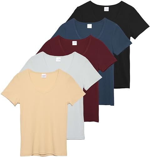 Real Essentials 5 Pack: Women's Soft Ribbed Short Sleeve V-Neck T-Shirt Casual Summer Tee Shirts