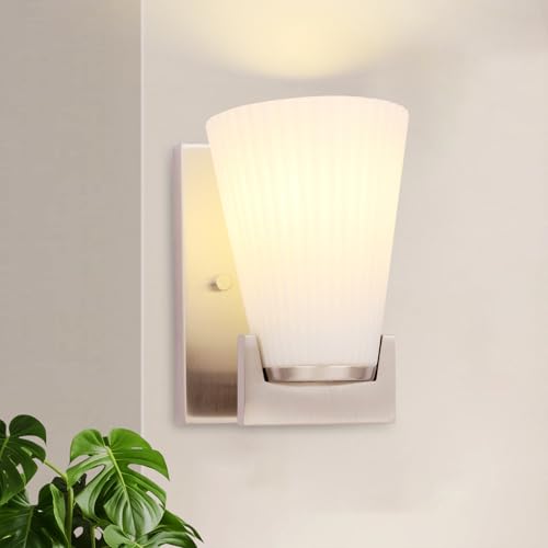 Image of 1-Light Bathroom Vanity Light, Brushed Nickel Wall Sconce with Ribbed White Glass Shade for Mirror, Bathroom, Bedroom, Living Room, Modern Style Wall Light, 1 Pack, E26 Base (Bulbs Not Included)