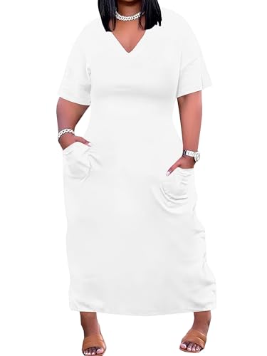 Image of SUZONANA Women Casual T-Shirt Dress V Neck Short Sleeve Solid Color Oversize Dress with Front Two Pockets