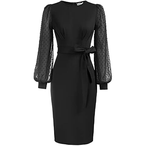 JASAMBAC Pencil Dresses for Women Retro 1950s Mesh Long Sleeve Business Church Dresses Black M Cover
