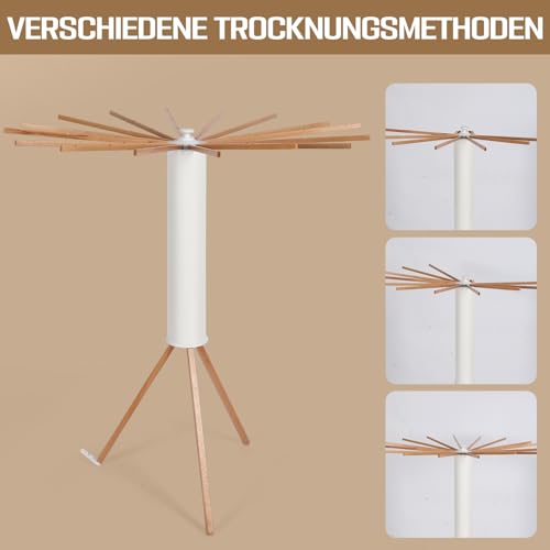 Wäscheständer Platzsparend, Faltbarer Wäschetrockner mit 16 Holzarmen & 48 Hängerplätzen, Modern Octopus Trockenständer, Tragbarer Stativ Kleiderständer für Balkon, Innenbereich, Waschküche (Weiß)