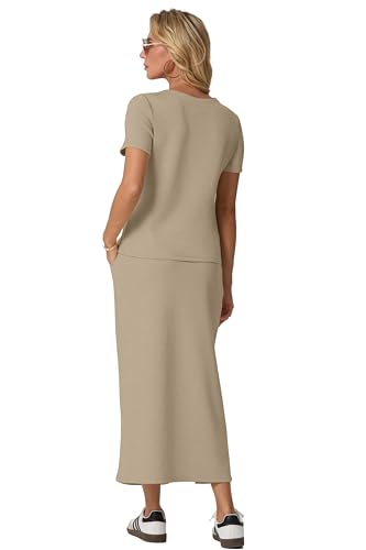 Image of GRECERELLE Women Summer Casual 2 Piece Sets V-Neck Wrinkle-Free Top & Elastic Waist Midi Side Slit Skirt with Pockets