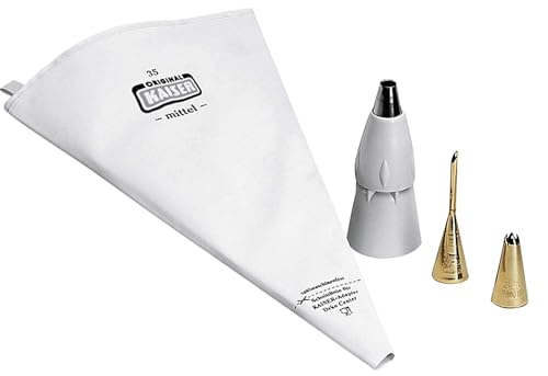 Original Kaiser Inspiration Spritzbeutel Set 5-teilig, wiederverwendbarer Spritzbeutel mit Tüllen, Adapter und 3 Spritztüllen, kochfest, Schneidehilfslinie, spülmaschinengeeignet