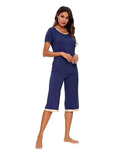 Tiktik Womens Bamboo Scoop Neck Pajama Set Comfy Sleepwear Top With Capri Pants Pjs Petite Plus Size S-4Xl, Navy, 2X-Large #TOP8