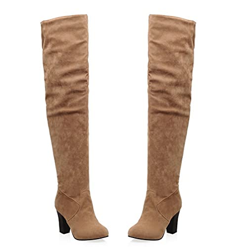 KOKOMOMO Womens Faux Suede Thigh High Heeled Round Toe Chunky Over The Knee Boots3
