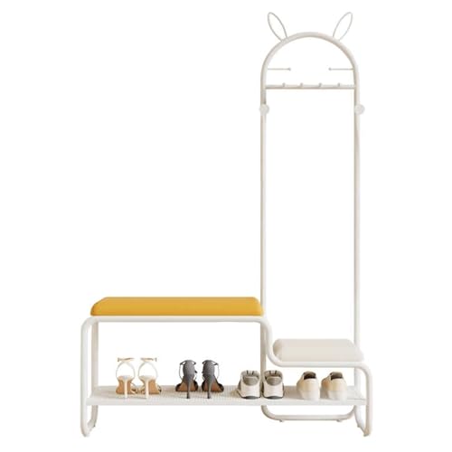 LXRHLIKG Perchero Zapatero Recibidor, Perchero con Zapatero para Entrada con 2 Cojines Suaves, Percha de Pie de Hierro con Forma de Conejo y Banco(White,70cm/28in)
