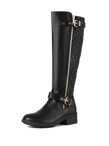 DREAM PAIRS Women's Knee-High Boots Comfortable Chunky Block Heel Round Toe Side Zipper Riding Fashion Buckles Biker Motorcycle Boots,Size 8.5,Black,UTAH