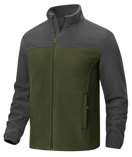 Rdruko Men's Polar Fleece Jacket Zip Up Lightweight Outdoor Hiking Travel Winter Jacket, Green Dark Grey, M