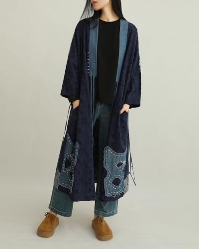 Women's Blue Denim Patchwork Kimono Jacket Loose Cardigan Spring Fall Floral Print Outerwear (US, Alpha, One Size, Regular, Regular, Blue) - Thumbnail 6
