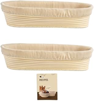 Banneton Bread Proofing Basket, Proofing Basket for Sourdough Bread Baking, Indonesian Rattan Bread Bowl Sourdough bread Baking Supplies with Linen Liner (13.5" Oval Basket x 2)