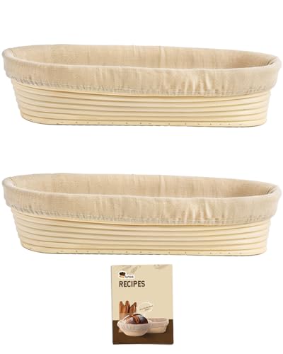 Banneton Bread Proofing Basket, Proofing Basket for Sourdough Bread Baking, Indonesian Rattan Bread Bowl Sourdough bread Baking Supplies with Linen Liner (13.5" Oval Basket x 2)