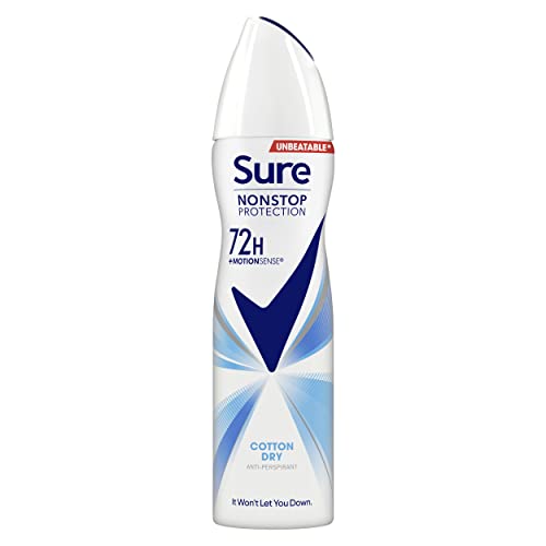 Sure Deodorante spray da donna anti-traspirante Cotton Dry con tecnologia attivata dal calore corporeo per 72 ore di protezione contro odori e sudore, 150 ml