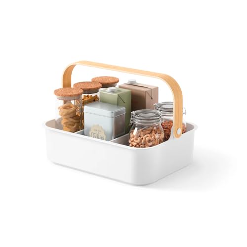 Avilia Mehrzweck-Organizer – Korb mit 2 abnehmbaren Trennwänden, Griff aus Holz, stapelbar, 28 x 17 cm, aus recyceltem Kunststoff, weiß