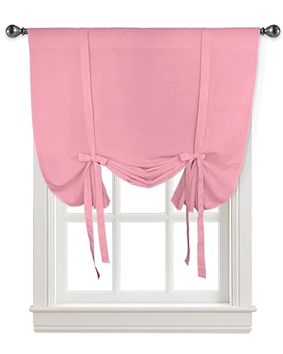 Yukro Tie Up Curtains Window Shades, Pure Pink Solid Color for Girls Rod Pocket Tie Up Window Shade, Adjustable Balloon Curtain Shade for Blinds Kitchen Bathroom, 1 Panel, 42