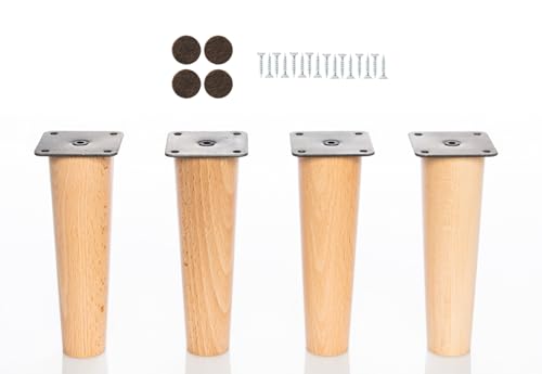 Patas de madera de Haya, con placa de montaje instalada. Pack de 4 unidades de patas para muebles, 8,10,12,15,,20...cm alto, patas de madera cónicas rectas. (4 unidades 15 cm, Natural)