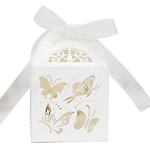 URFEDA 50pcs Boite Dragees Papillon, Boîte De Cadeaux en Papier, Boite Dragees Bapteme Boite De Dragées Communion Boîte Cadeau Mariage pour Dragés,...