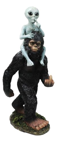 Ebros Gift Large 14.75" H Forest Mythical Creature Sasquatch Bigfoot Flipping The Bird While Carrying ET Roswell Alien On Its Shoulders Figurine Big Foot Ape Bizzare Collectible
