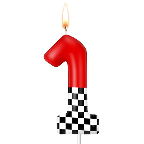 Image of MTLEE Racing Car Birthday Number Candle Race Car Theme Cake Topper Truck Themed Birthday Supplies Decorations Red Black White Checkered Candles (Red and Checkered,Number 1)
