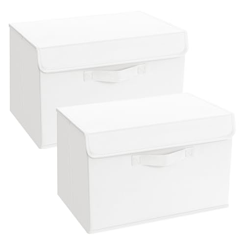 Homsorout Foldable Storage Boxes with Lids - Wardrobe Organiser Bin with Handle Fabric Basket Containers for Clothes, Book, Shelf, Office - 2 Pack White